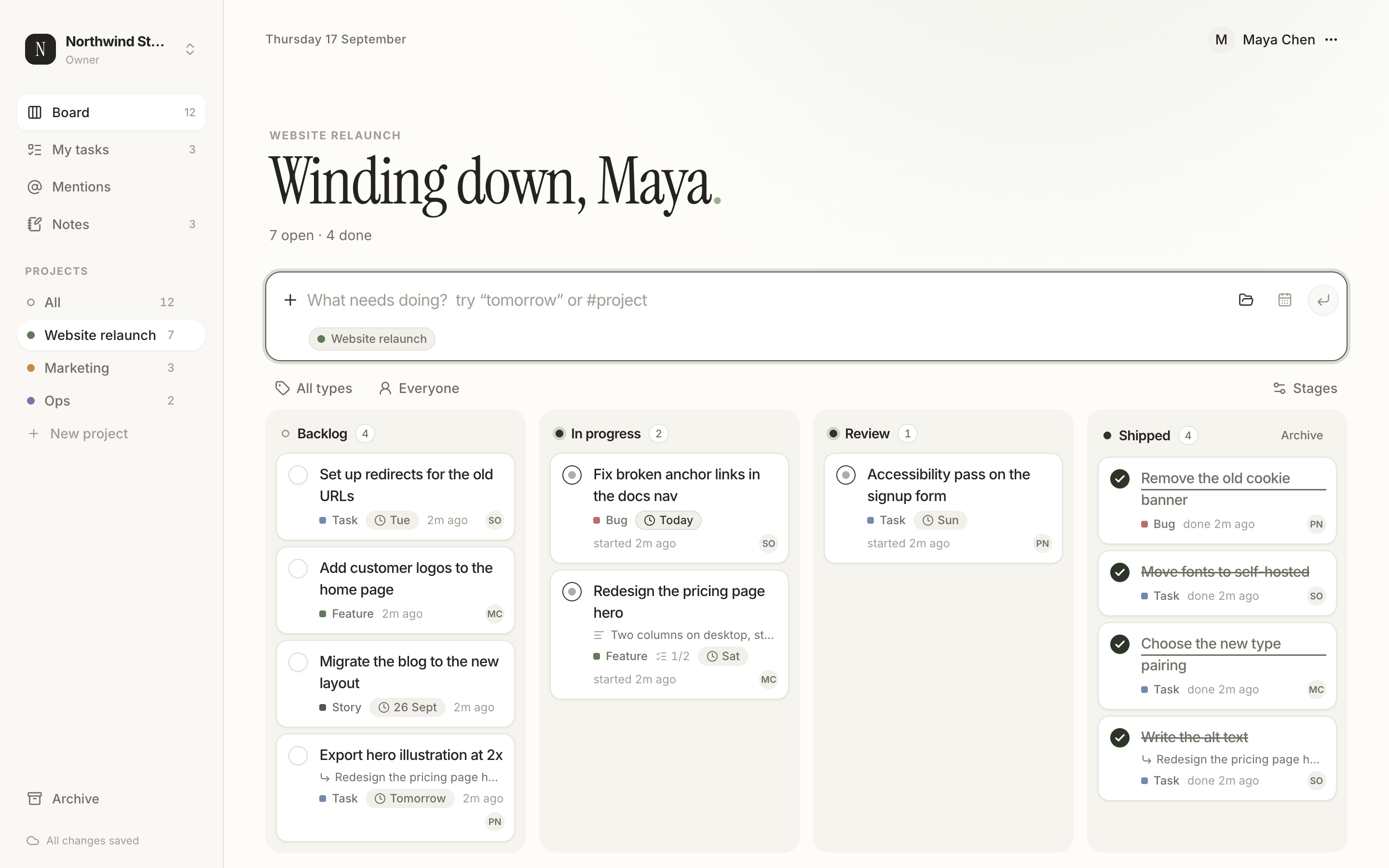 The Dayboard board: a sidebar with projects, a task input at the top, and columns named To do, In progress and Done holding task cards.