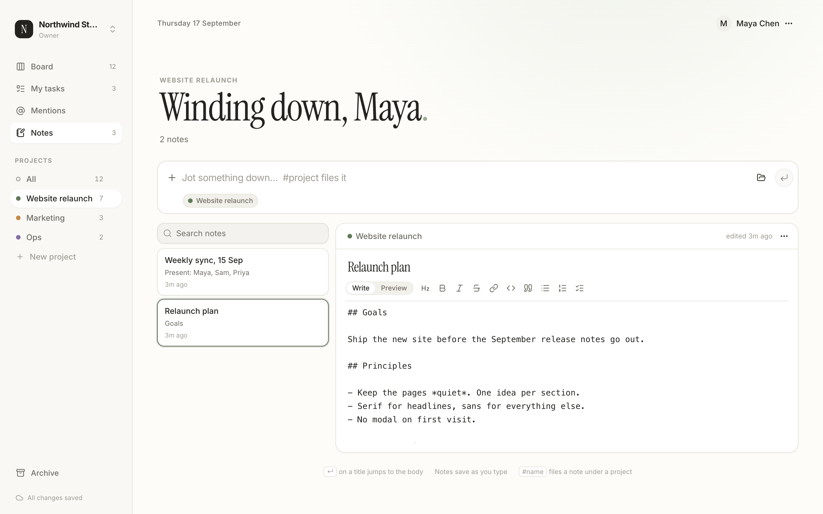 The notes view in Dayboard with a Markdown editor and a list of notes for a project.
