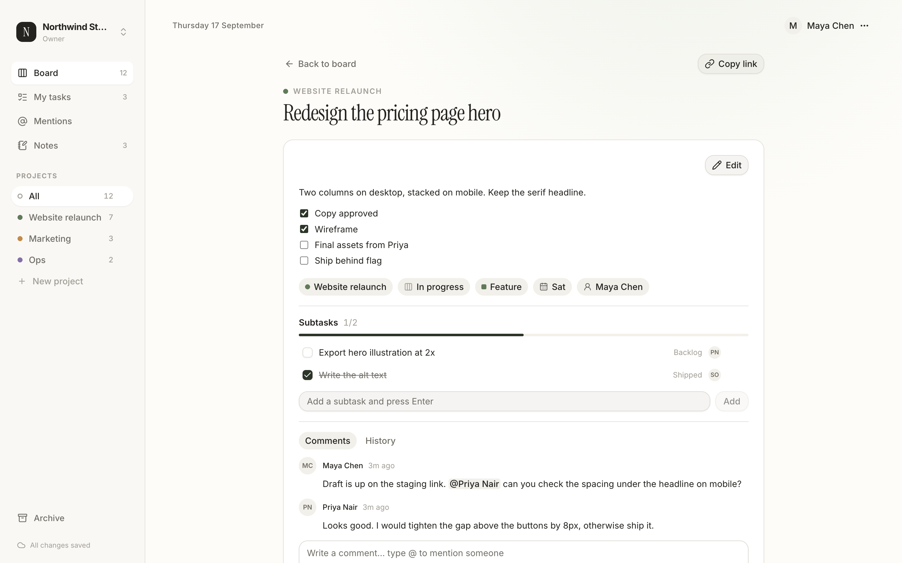 A task window in Dayboard showing the title, description, stage, due date, assignee, subtasks and comments.